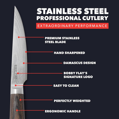 x Bobby Flay 5” & 7” Santoku Knife Set, Premium Stainless Steel Blades, Precision Cutting Kitchen Tools, Ultra-Sharp Cutlery, Hand Finished Ergonomic Wood Handle, Damascus Steel Design
