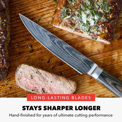 x Bobby Flay 5” & 7” Santoku Knife Set, Premium Stainless Steel Blades, Precision Cutting Kitchen Tools, Ultra-Sharp Cutlery, Hand Finished Ergonomic Wood Handle, Damascus Steel Design