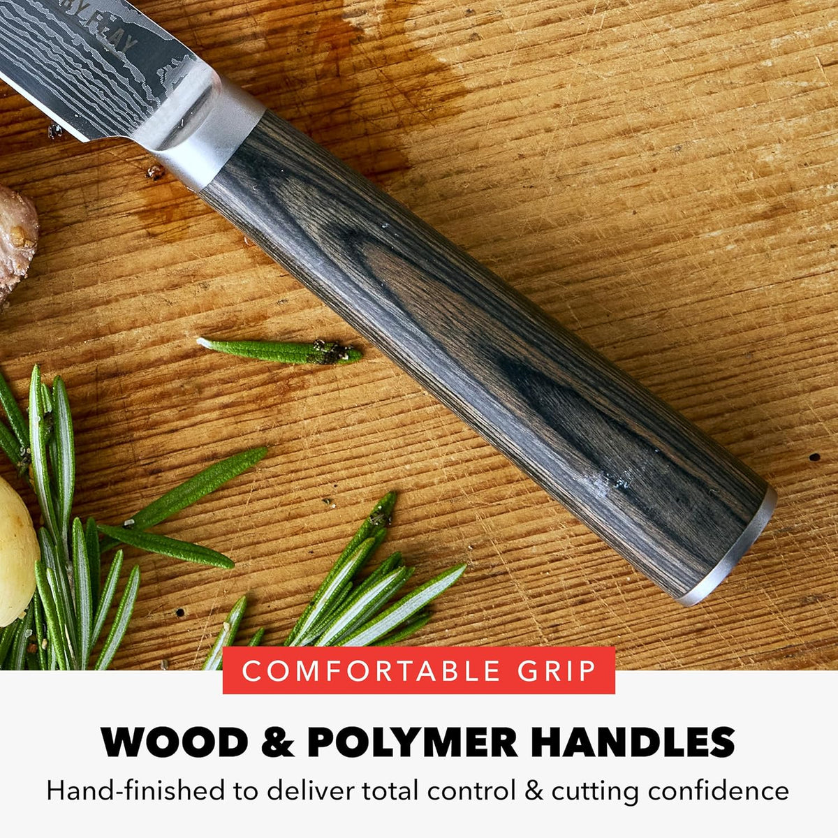 x Bobby Flay 5” & 7” Santoku Knife Set, Premium Stainless Steel Blades, Precision Cutting Kitchen Tools, Ultra-Sharp Cutlery, Hand Finished Ergonomic Wood Handle, Damascus Steel Design