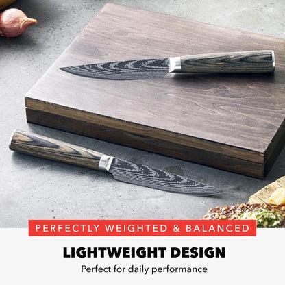 x Bobby Flay 5” & 7” Santoku Knife Set, Premium Stainless Steel Blades, Precision Cutting Kitchen Tools, Ultra-Sharp Cutlery, Hand Finished Ergonomic Wood Handle, Damascus Steel Design