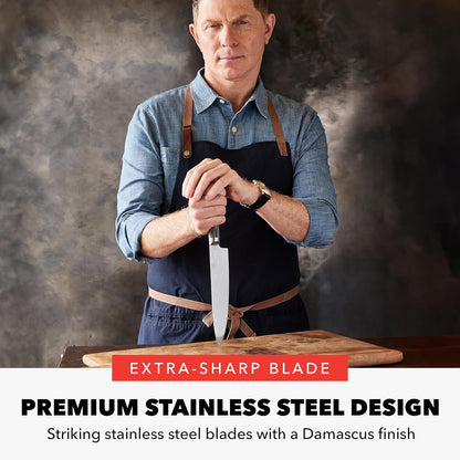 x Bobby Flay 5” & 7” Santoku Knife Set, Premium Stainless Steel Blades, Precision Cutting Kitchen Tools, Ultra-Sharp Cutlery, Hand Finished Ergonomic Wood Handle, Damascus Steel Design