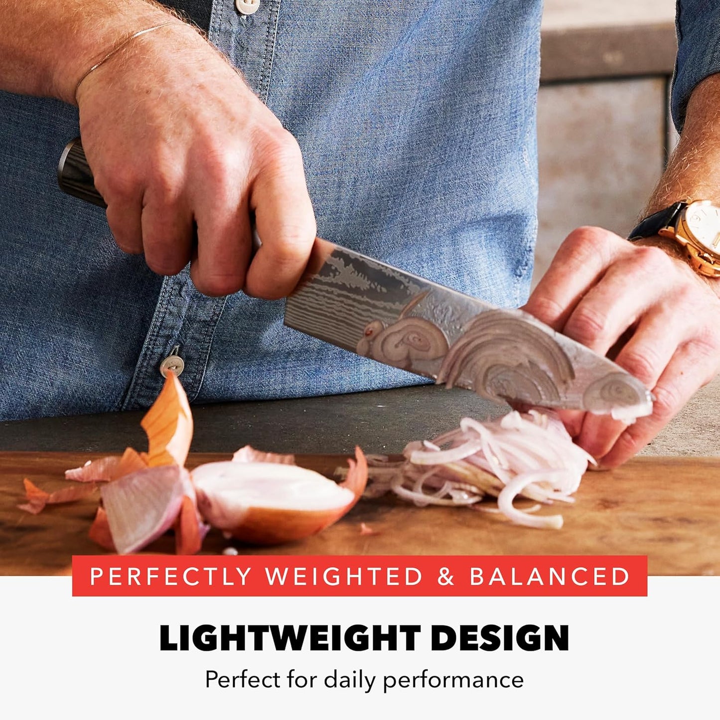x Bobby Flay 5” & 7” Santoku Knife Set, Premium Stainless Steel Blades, Precision Cutting Kitchen Tools, Ultra-Sharp Cutlery, Hand Finished Ergonomic Wood Handle, Damascus Steel Design