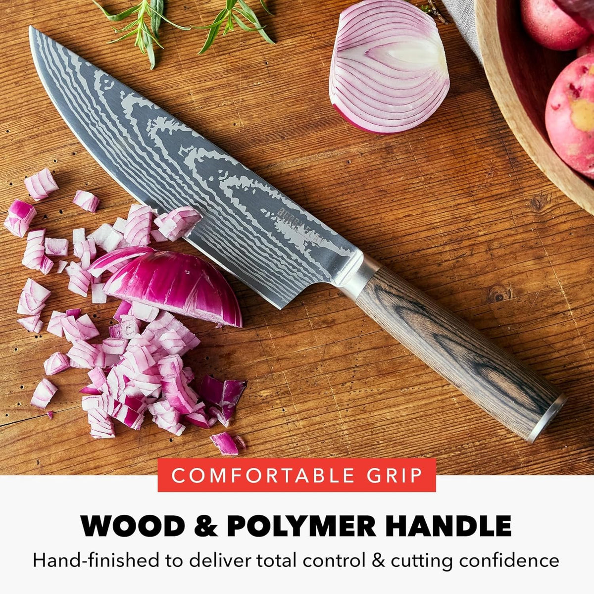 x Bobby Flay 5” & 7” Santoku Knife Set, Premium Stainless Steel Blades, Precision Cutting Kitchen Tools, Ultra-Sharp Cutlery, Hand Finished Ergonomic Wood Handle, Damascus Steel Design