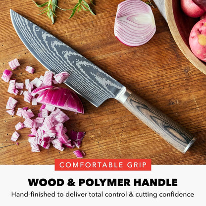 x Bobby Flay 5” & 7” Santoku Knife Set, Premium Stainless Steel Blades, Precision Cutting Kitchen Tools, Ultra-Sharp Cutlery, Hand Finished Ergonomic Wood Handle, Damascus Steel Design