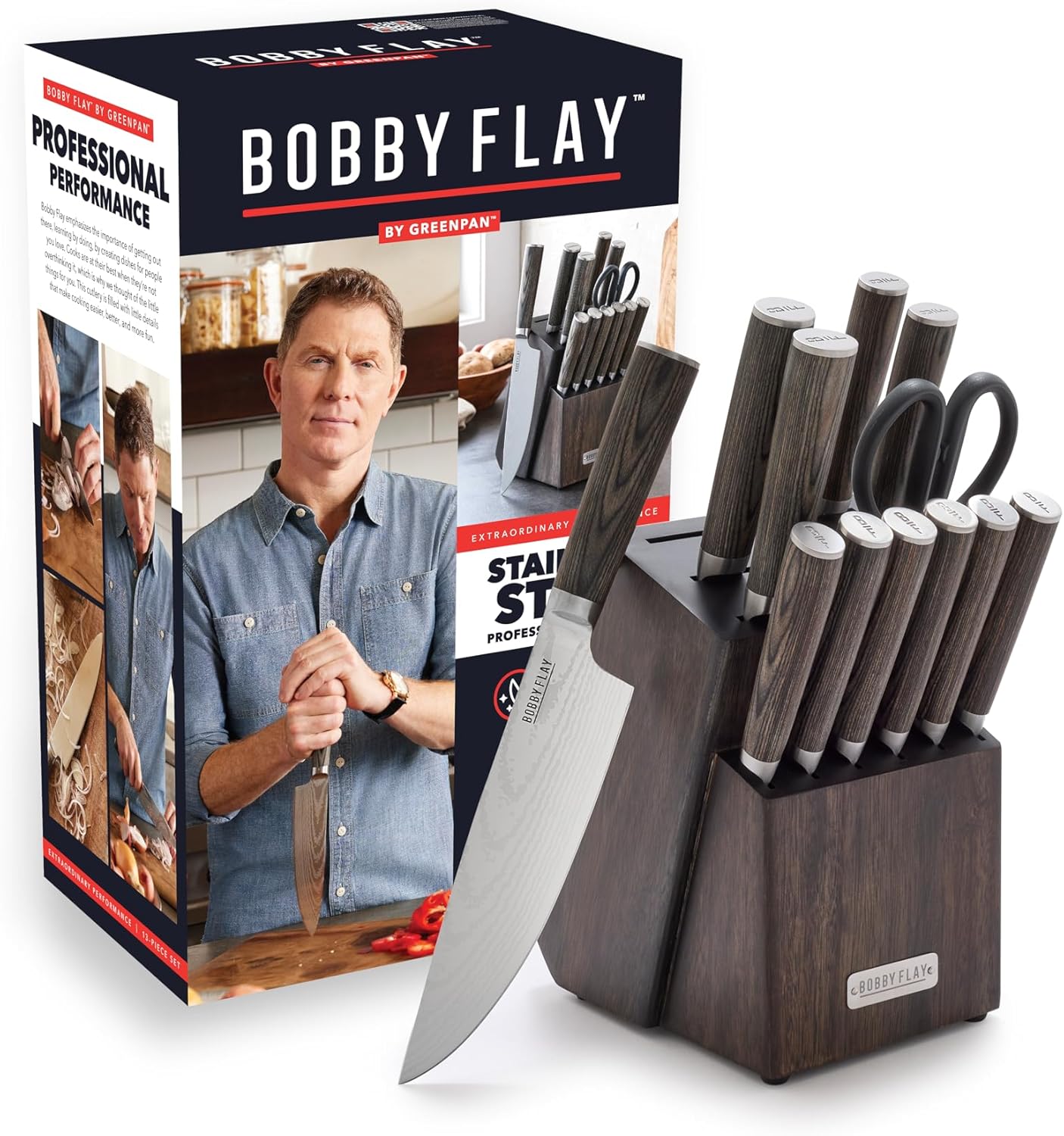 x Bobby Flay 5” & 7” Santoku Knife Set, Premium Stainless Steel Blades, Precision Cutting Kitchen Tools, Ultra-Sharp Cutlery, Hand Finished Ergonomic Wood Handle, Damascus Steel Design