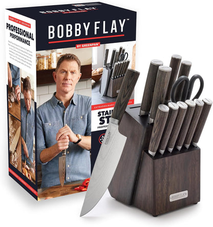 x Bobby Flay 5” & 7” Santoku Knife Set, Premium Stainless Steel Blades, Precision Cutting Kitchen Tools, Ultra-Sharp Cutlery, Hand Finished Ergonomic Wood Handle, Damascus Steel Design