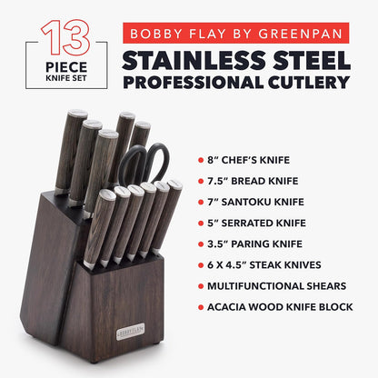 x Bobby Flay 5” & 7” Santoku Knife Set, Premium Stainless Steel Blades, Precision Cutting Kitchen Tools, Ultra-Sharp Cutlery, Hand Finished Ergonomic Wood Handle, Damascus Steel Design
