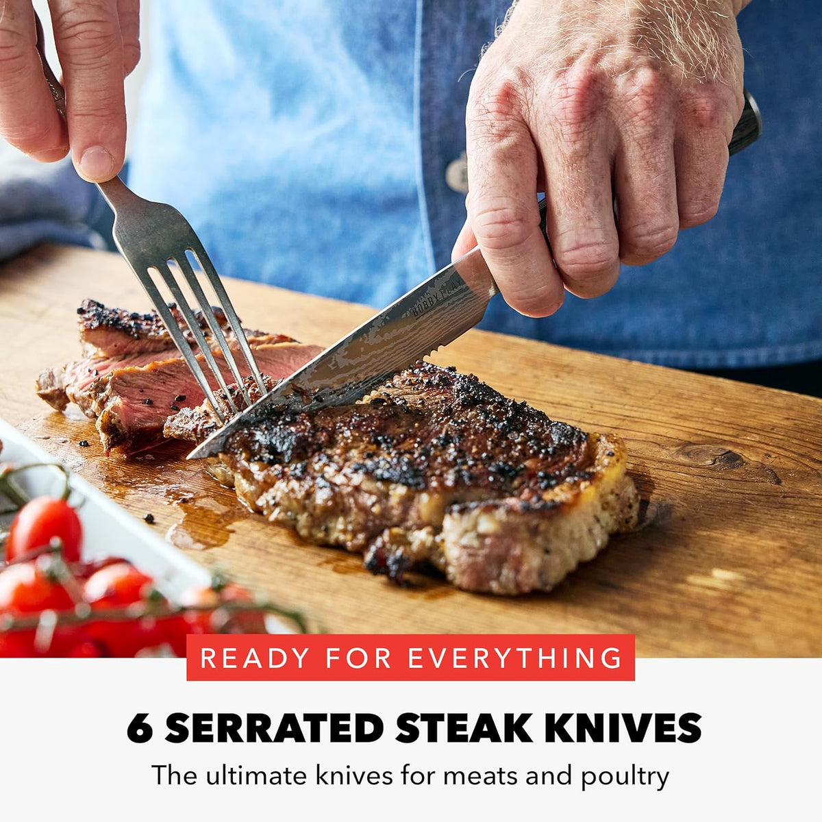 x Bobby Flay 5” & 7” Santoku Knife Set, Premium Stainless Steel Blades, Precision Cutting Kitchen Tools, Ultra-Sharp Cutlery, Hand Finished Ergonomic Wood Handle, Damascus Steel Design