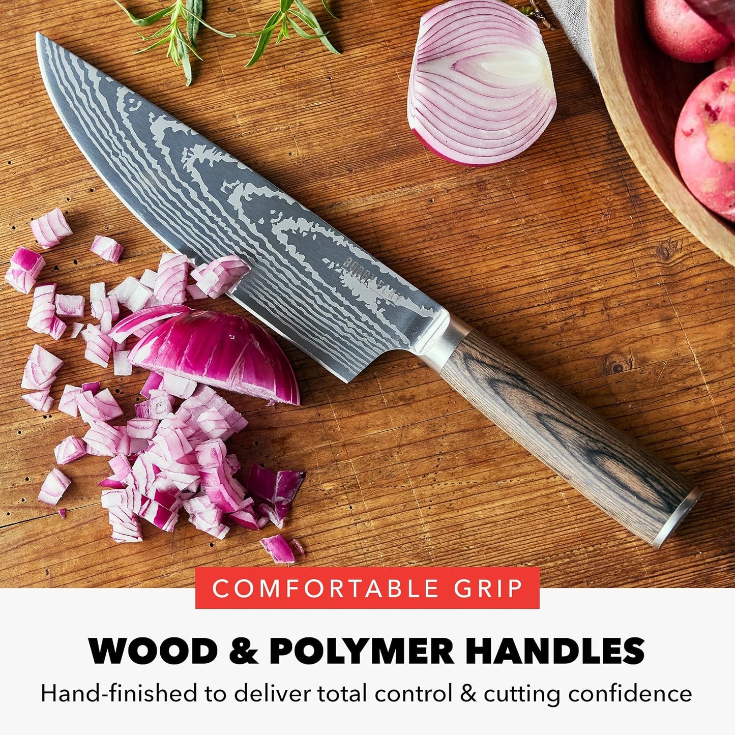 x Bobby Flay 5” & 7” Santoku Knife Set, Premium Stainless Steel Blades, Precision Cutting Kitchen Tools, Ultra-Sharp Cutlery, Hand Finished Ergonomic Wood Handle, Damascus Steel Design