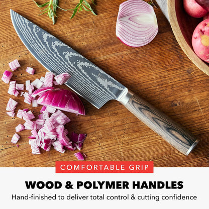 x Bobby Flay 5” & 7” Santoku Knife Set, Premium Stainless Steel Blades, Precision Cutting Kitchen Tools, Ultra-Sharp Cutlery, Hand Finished Ergonomic Wood Handle, Damascus Steel Design