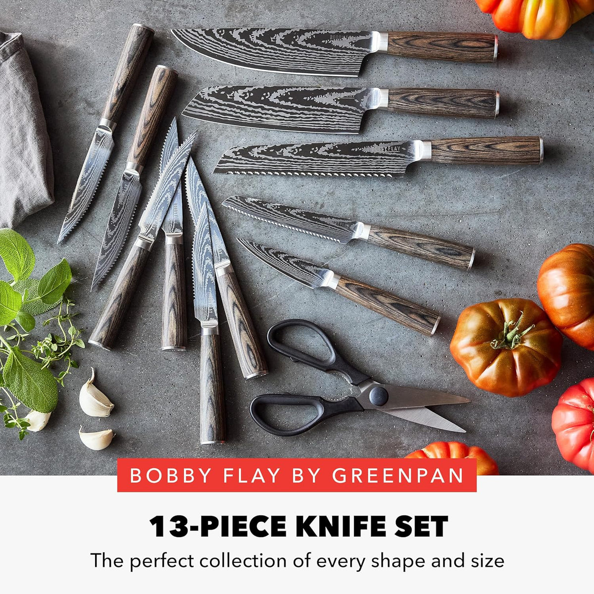 x Bobby Flay 5” & 7” Santoku Knife Set, Premium Stainless Steel Blades, Precision Cutting Kitchen Tools, Ultra-Sharp Cutlery, Hand Finished Ergonomic Wood Handle, Damascus Steel Design
