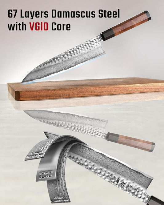 VG10 Damascus Chef Knife, 8.27 Inch Gyuto Knife with Rose Wood Handle and 67 Layers Damascus Steel, Japanese Kitchen Knife with Premium Gift Box