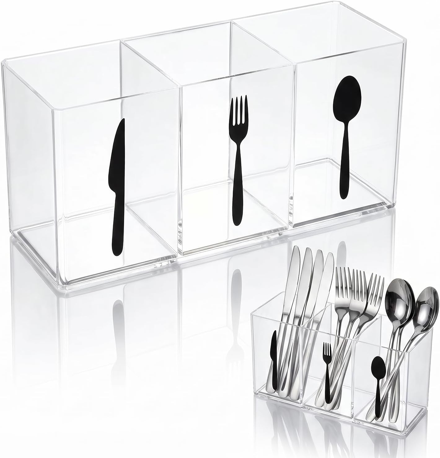 Acrylic Cutlery Storage Organizer, Transparent Silverware Caddy | 3 Section, for Kitchen Countertop, Utensil Holder, Holds Fork Spoon Knife