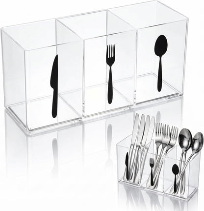 Acrylic Cutlery Storage Organizer, Transparent Silverware Caddy | 3 Section, for Kitchen Countertop, Utensil Holder, Holds Fork Spoon Knife