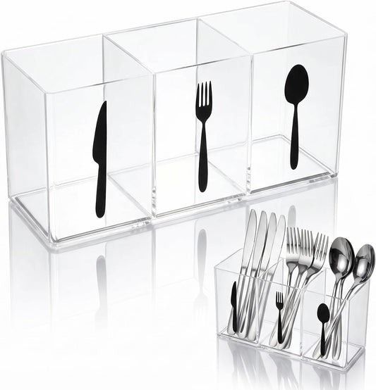 Acrylic Cutlery Storage Organizer, Transparent Silverware Caddy | 3 Section, for Kitchen Countertop, Utensil Holder, Holds Fork Spoon Knife