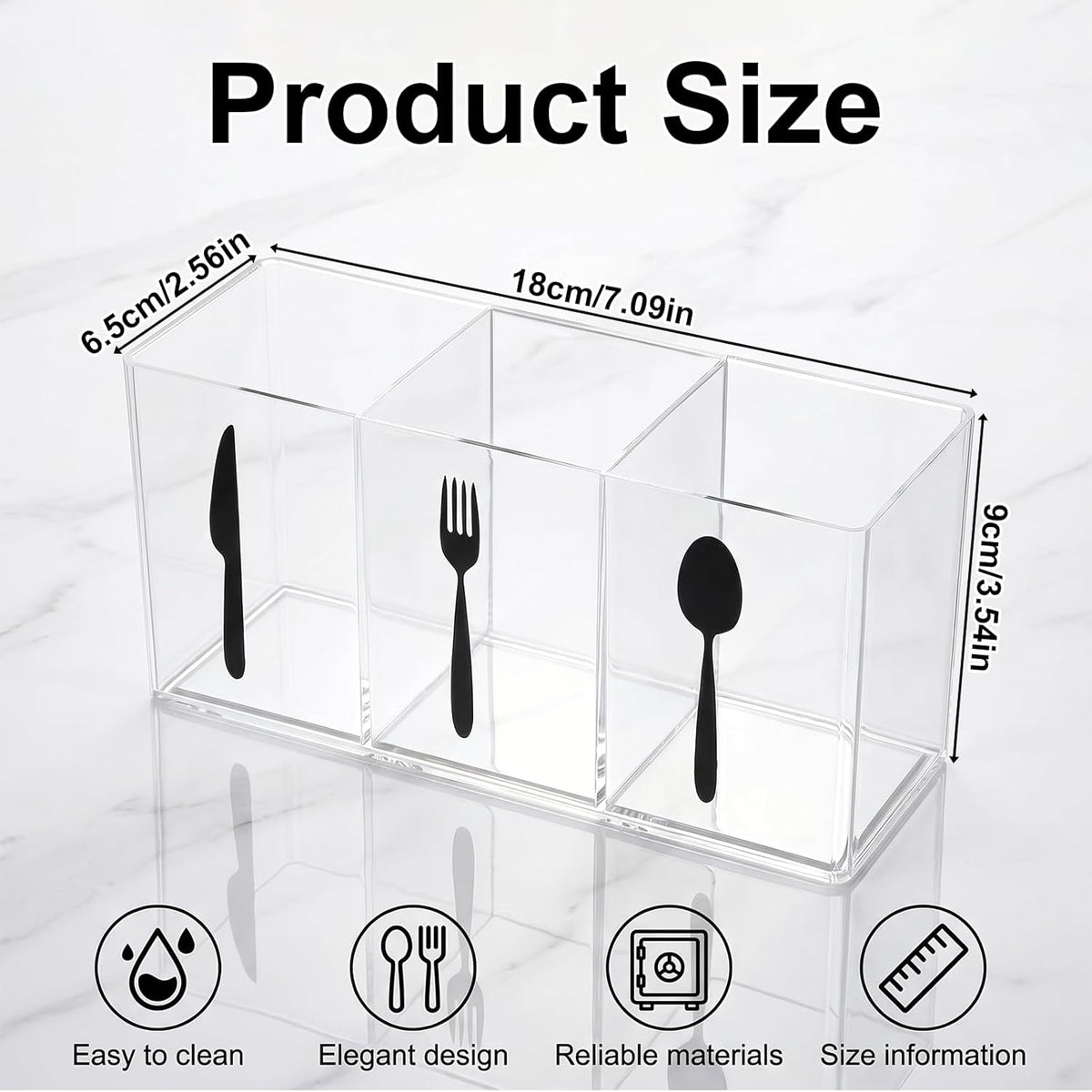Acrylic Cutlery Storage Organizer, Transparent Silverware Caddy | 3 Section, for Kitchen Countertop, Utensil Holder, Holds Fork Spoon Knife