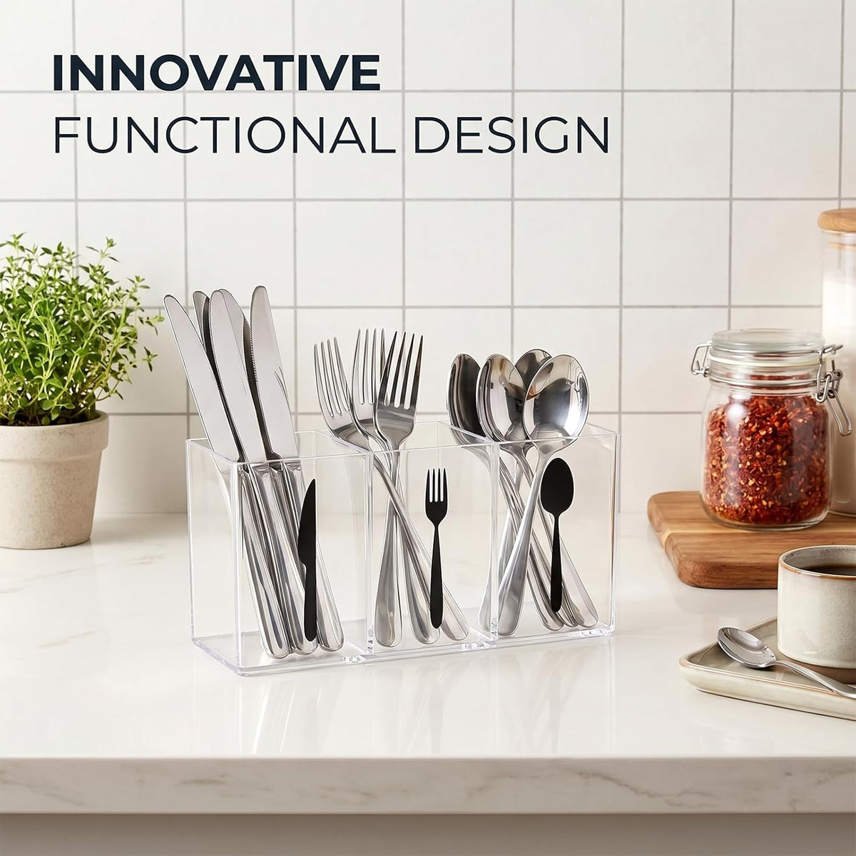 Acrylic Cutlery Storage Organizer, Transparent Silverware Caddy | 3 Section, for Kitchen Countertop, Utensil Holder, Holds Fork Spoon Knife