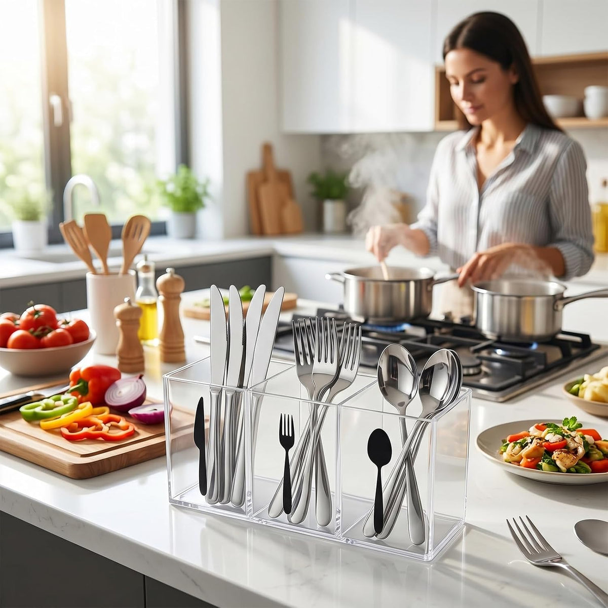 Acrylic Cutlery Storage Organizer, Transparent Silverware Caddy | 3 Section, for Kitchen Countertop, Utensil Holder, Holds Fork Spoon Knife