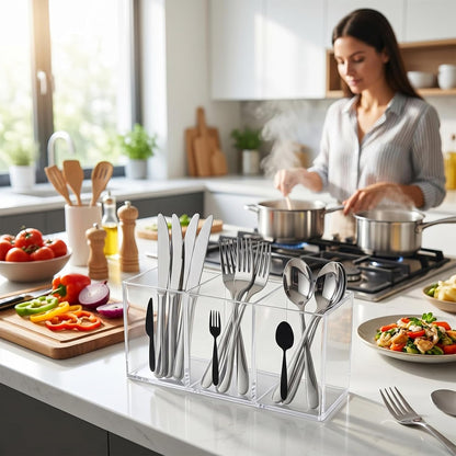 Acrylic Cutlery Storage Organizer, Transparent Silverware Caddy | 3 Section, for Kitchen Countertop, Utensil Holder, Holds Fork Spoon Knife