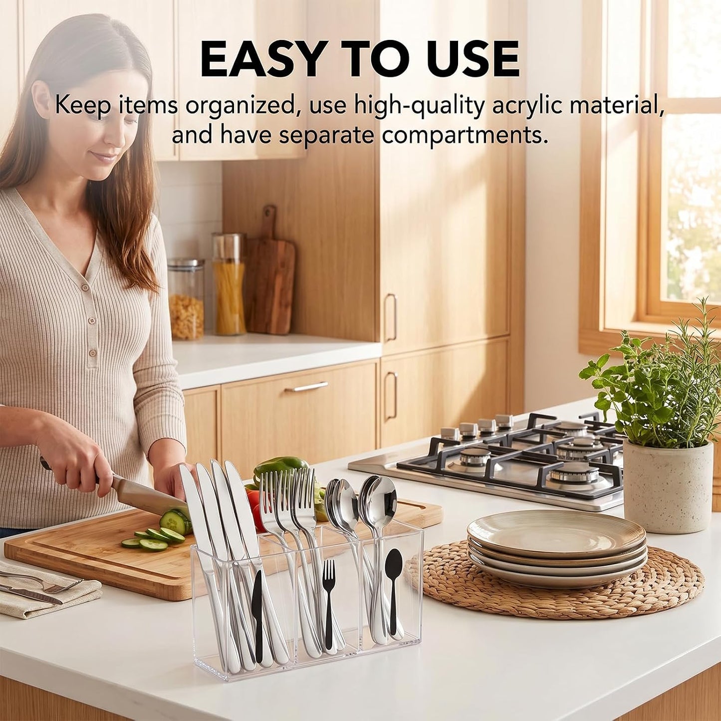 Acrylic Cutlery Storage Organizer, Transparent Silverware Caddy | 3 Section, for Kitchen Countertop, Utensil Holder, Holds Fork Spoon Knife