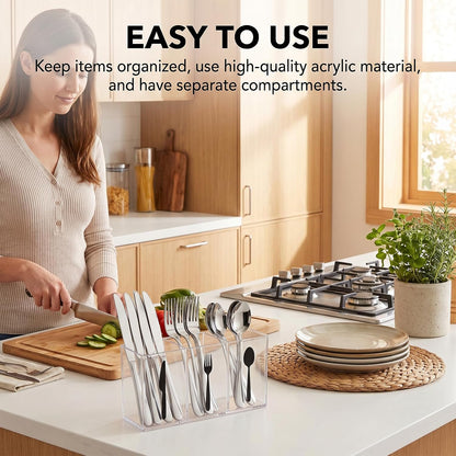 Acrylic Cutlery Storage Organizer, Transparent Silverware Caddy | 3 Section, for Kitchen Countertop, Utensil Holder, Holds Fork Spoon Knife