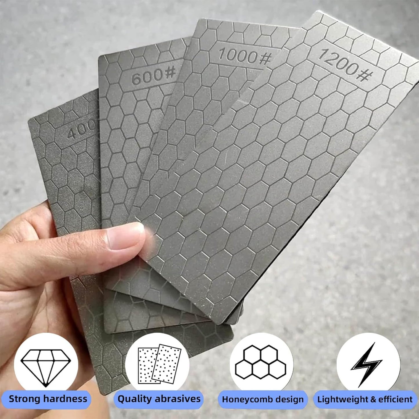 4 Pcs Diamond Sharpening Stone, with Angle Guide and Leather Strop, Knife Sharpener Stone Whetstone Honeycomb Surface Plate with Non-slip Base for Pocket Knives Scissors