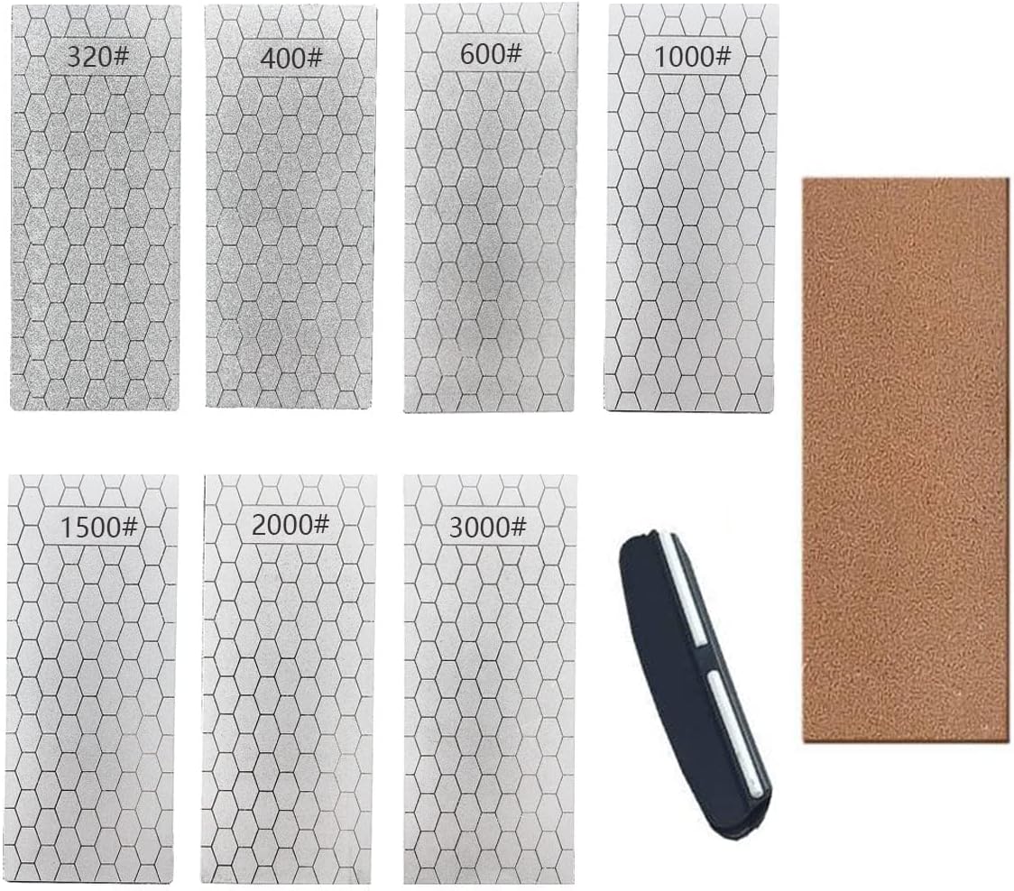 4 Pcs Diamond Sharpening Stone, with Angle Guide and Leather Strop, Knife Sharpener Stone Whetstone Honeycomb Surface Plate with Non-slip Base for Pocket Knives Scissors