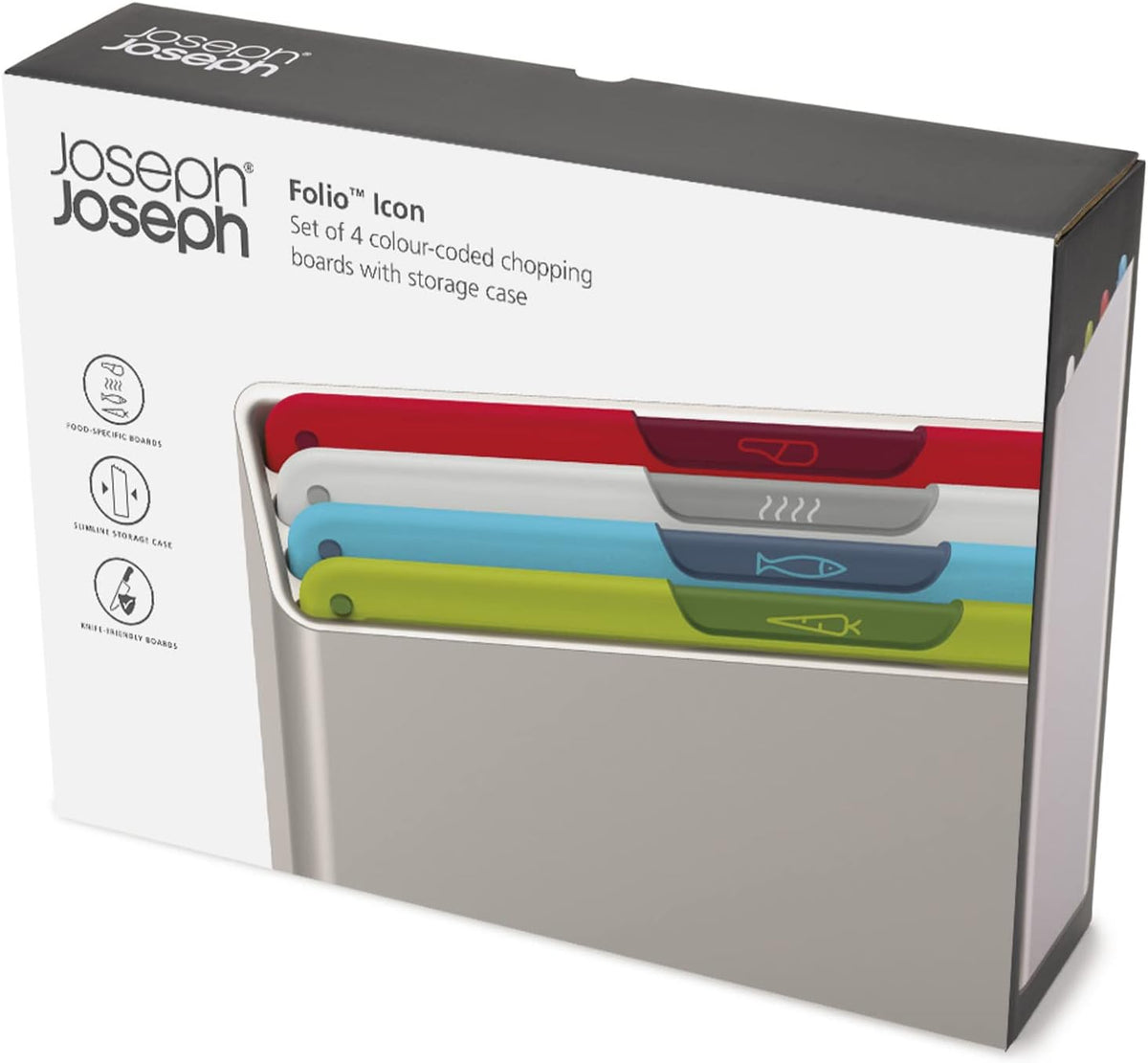 Folio Icon 4-Piece Multi Colour coded Cutting Board Set, Slimline case for organized Kitchen storage, Silver