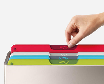 Folio Icon 4-Piece Multi Colour coded Cutting Board Set, Slimline case for organized Kitchen storage, Silver
