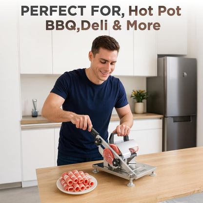 Manual Meat Slicer for Frozen & Semi-Frozen Meat, Stainless Steel Adjustable Beef Cutter for Home Kitchen, Heavy Duty Hand Slicer with Extra Blade for Hot Pot, BBQ & Deli