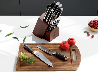 Knife Set with Block - Kitchen Knife Set German High-Carbon Stainless Steel with Built-in Sharpener - Full Tang, Triple-Rivet Ergonomic Handle - Holiday Gift Idea - 15-Piece, Falcon Series.