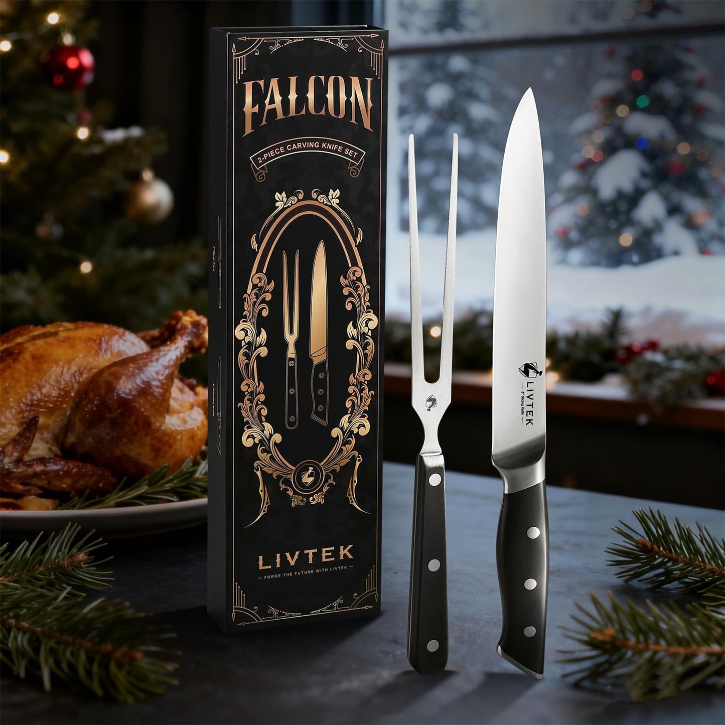 Knife Set with Block - Kitchen Knife Set German High-Carbon Stainless Steel with Built-in Sharpener - Full Tang, Triple-Rivet Ergonomic Handle - Holiday Gift Idea - 15-Piece, Falcon Series.