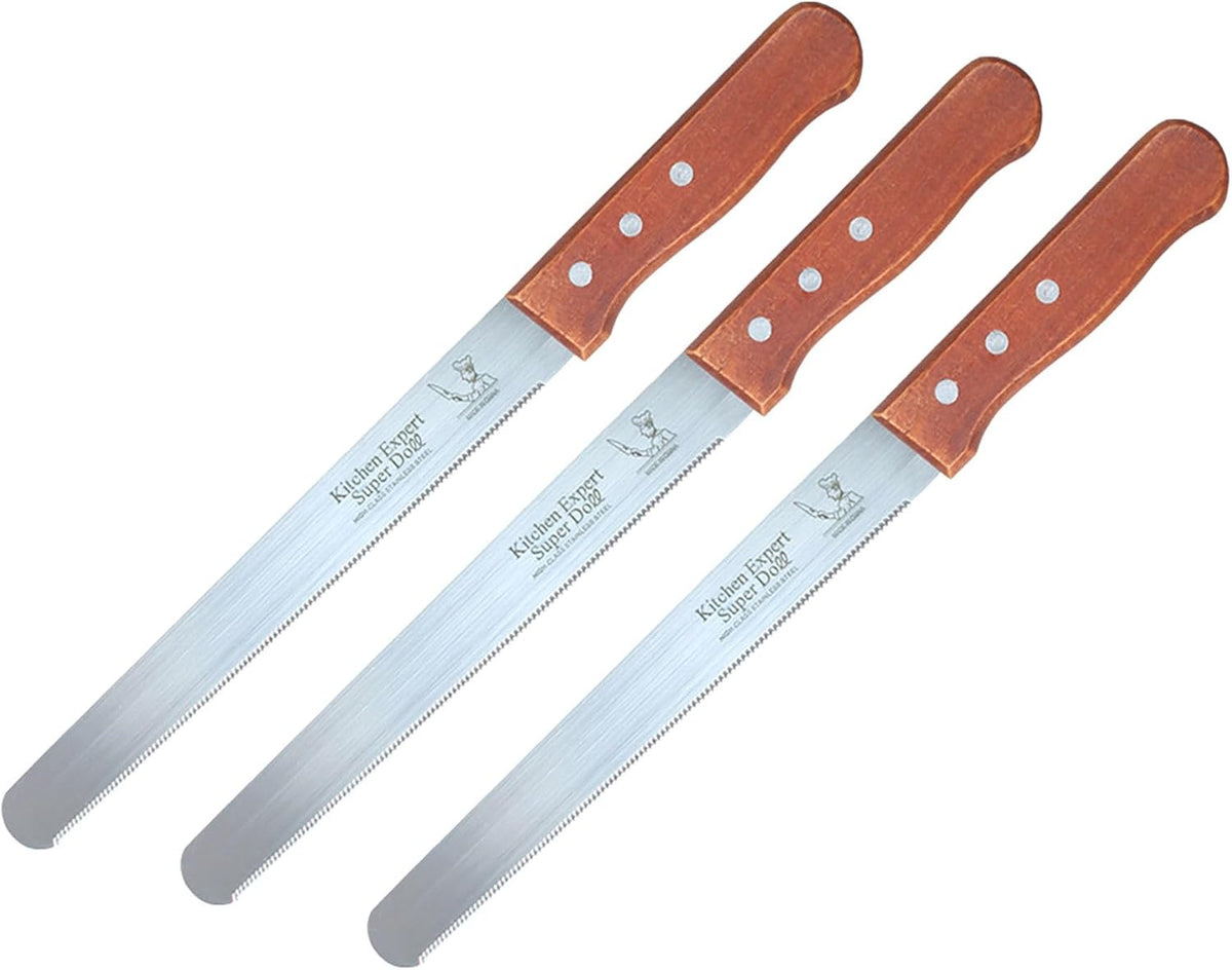 3 Pcs Bread Knives, 12.5 Inch Stainless Steel Fine Tooth Sawtooth Bread Cutter with Wooden Handle for Bread and Cake (8 inch)