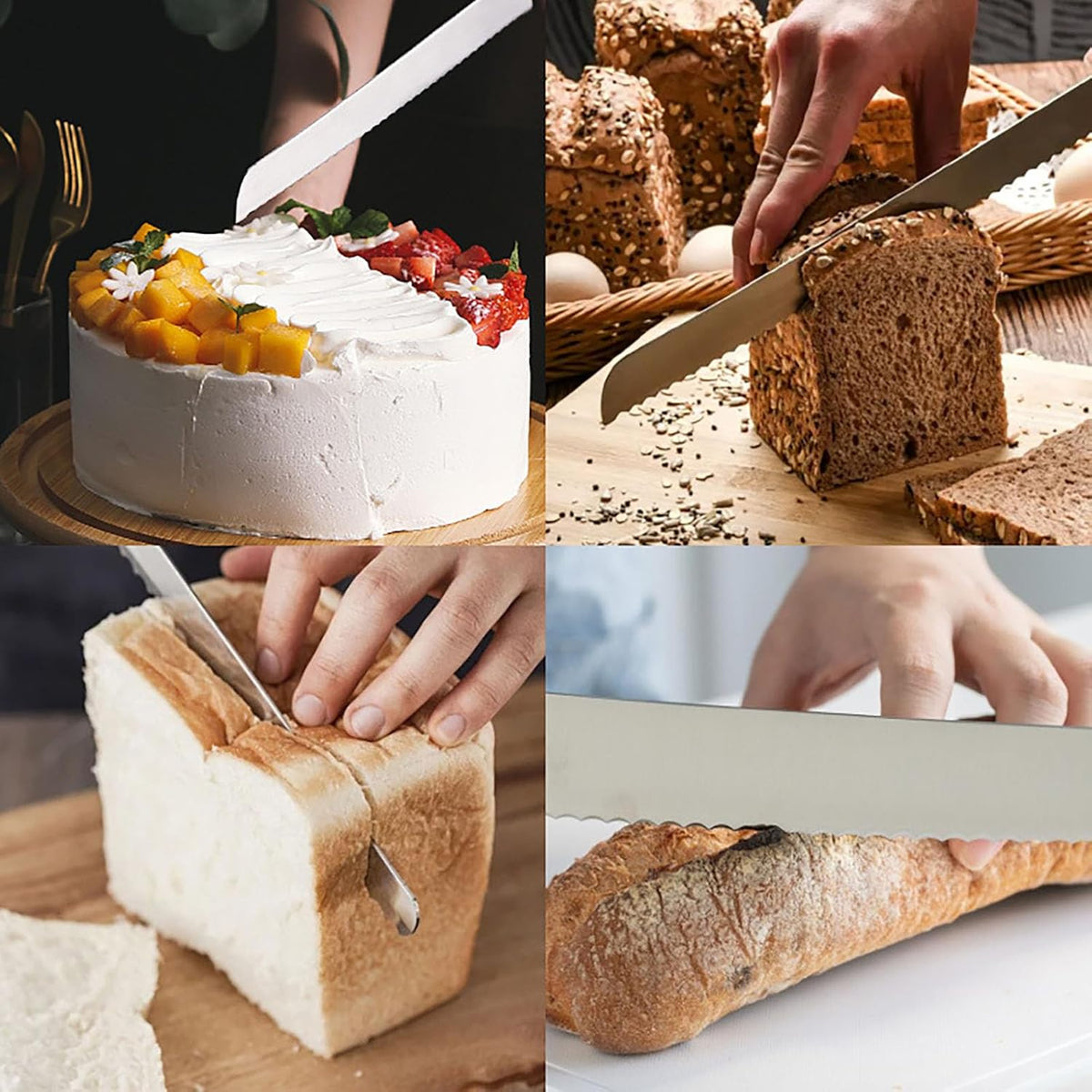 3 Pcs Bread Knives, 12.5 Inch Stainless Steel Fine Tooth Sawtooth Bread Cutter with Wooden Handle for Bread and Cake (8 inch)