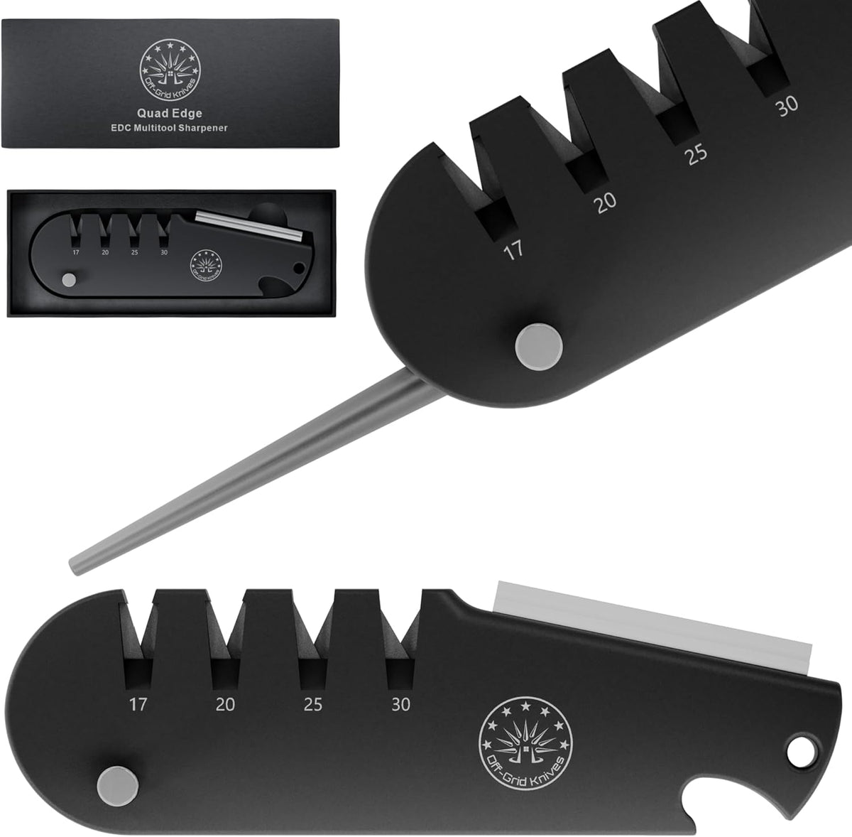 QuadEdge Knife Sharpener with 4 Angles: 17° | 20° | 25° | 30°, Diamond Rod, Fishing Hook Sharpener, Ceramic Honing Stone – Camping, Fishing, Hunting, Boating (Black)