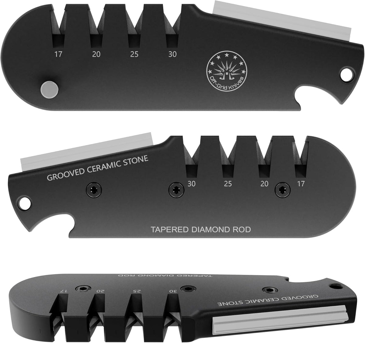 QuadEdge Knife Sharpener with 4 Angles: 17° | 20° | 25° | 30°, Diamond Rod, Fishing Hook Sharpener, Ceramic Honing Stone – Camping, Fishing, Hunting, Boating (Black)