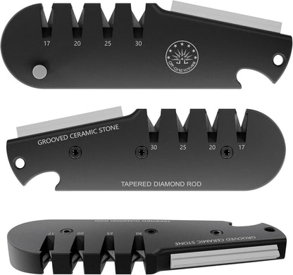 QuadEdge Knife Sharpener with 4 Angles: 17° | 20° | 25° | 30°, Diamond Rod, Fishing Hook Sharpener, Ceramic Honing Stone – Camping, Fishing, Hunting, Boating (Black)