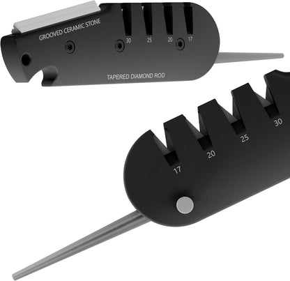 QuadEdge Knife Sharpener with 4 Angles: 17° | 20° | 25° | 30°, Diamond Rod, Fishing Hook Sharpener, Ceramic Honing Stone – Camping, Fishing, Hunting, Boating (Black)