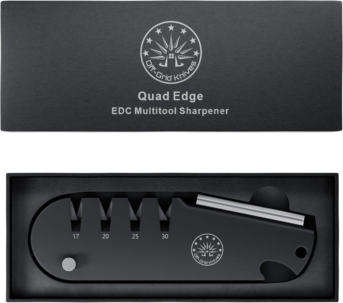 QuadEdge Knife Sharpener with 4 Angles: 17° | 20° | 25° | 30°, Diamond Rod, Fishing Hook Sharpener, Ceramic Honing Stone – Camping, Fishing, Hunting, Boating (Black)