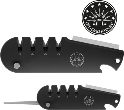 QuadEdge Knife Sharpener with 4 Angles: 17° | 20° | 25° | 30°, Diamond Rod, Fishing Hook Sharpener, Ceramic Honing Stone – Camping, Fishing, Hunting, Boating (Black)