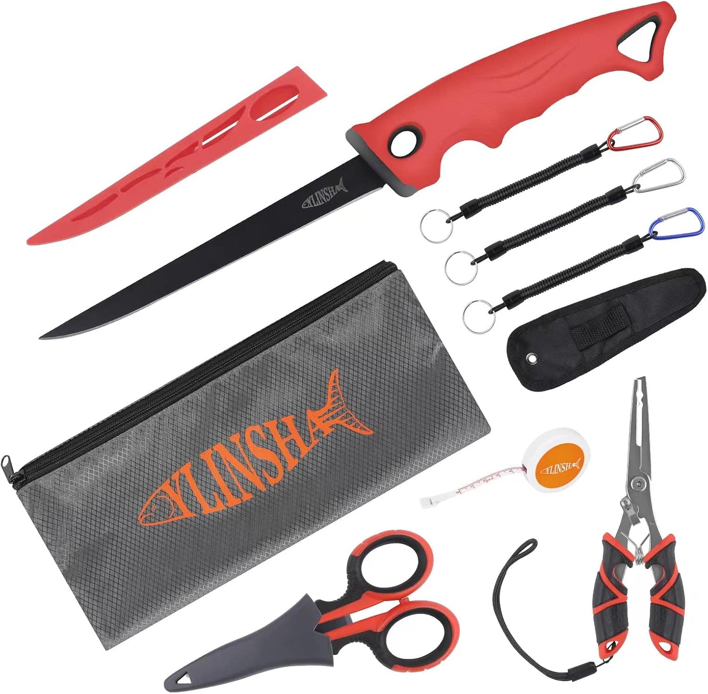 Fishing Tool Kit - 8pc Including Fillet Knife, Scissors, Pliers, Measuring Ruler, Anti-Lost Lanyard, Waterproof Storage Bag