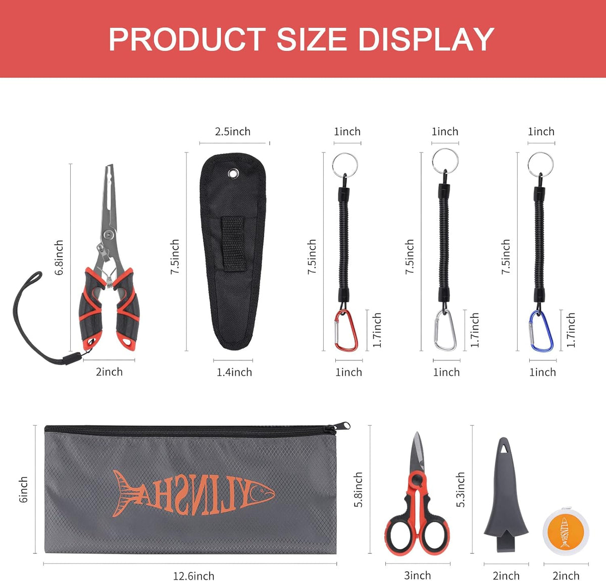 Fishing Tool Kit - 8pc Including Fillet Knife, Scissors, Pliers, Measuring Ruler, Anti-Lost Lanyard, Waterproof Storage Bag