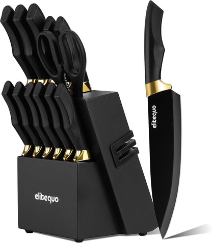 Knife Set With Block,Dishwasher Safe Kitchen Knife Set With Built-In Sharpener,German Stainless Steel Black Knife Block Set(Night Flash Series)