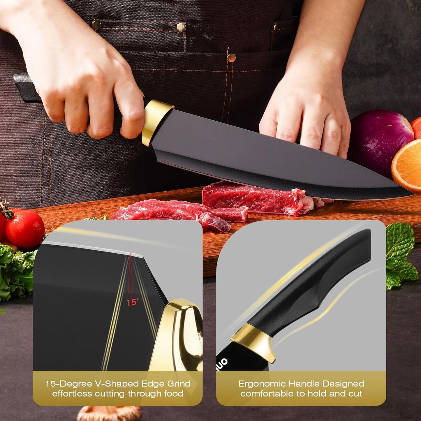 Knife Set With Block,Dishwasher Safe Kitchen Knife Set With Built-In Sharpener,German Stainless Steel Black Knife Block Set(Night Flash Series)
