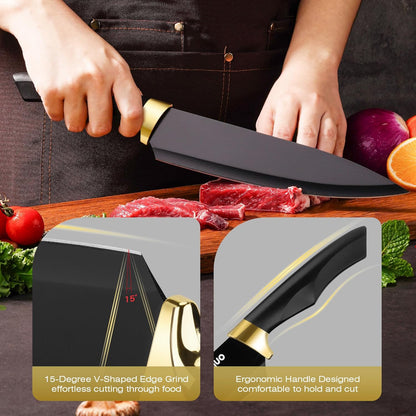 Knife Set With Block,Dishwasher Safe Kitchen Knife Set With Built-In Sharpener,German Stainless Steel Black Knife Block Set(Night Flash Series)