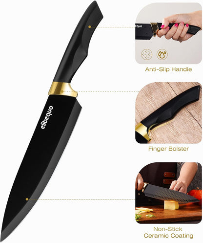 Knife Set With Block,Dishwasher Safe Kitchen Knife Set With Built-In Sharpener,German Stainless Steel Black Knife Block Set(Night Flash Series)