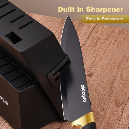 Knife Set With Block,Dishwasher Safe Kitchen Knife Set With Built-In Sharpener,German Stainless Steel Black Knife Block Set(Night Flash Series)