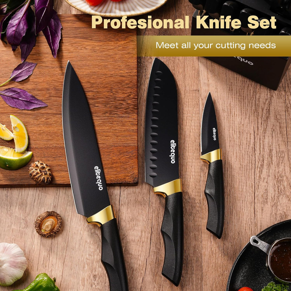 Knife Set With Block,Dishwasher Safe Kitchen Knife Set With Built-In Sharpener,German Stainless Steel Black Knife Block Set(Night Flash Series)