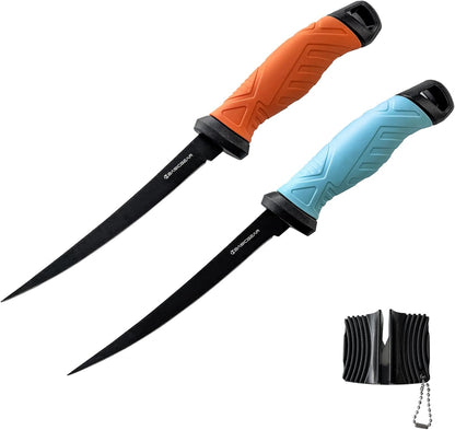 BasicGear Fishing Fillet Knife Set of 2 – 7” 440C Stainless Steel Blade with Non-Stick Coating, Ergonomic Non-Slip Handle, Sheath, and Sharpener – For all fish types