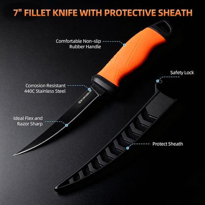 BasicGear Fishing Fillet Knife Set of 2 – 7” 440C Stainless Steel Blade with Non-Stick Coating, Ergonomic Non-Slip Handle, Sheath, and Sharpener – For all fish types